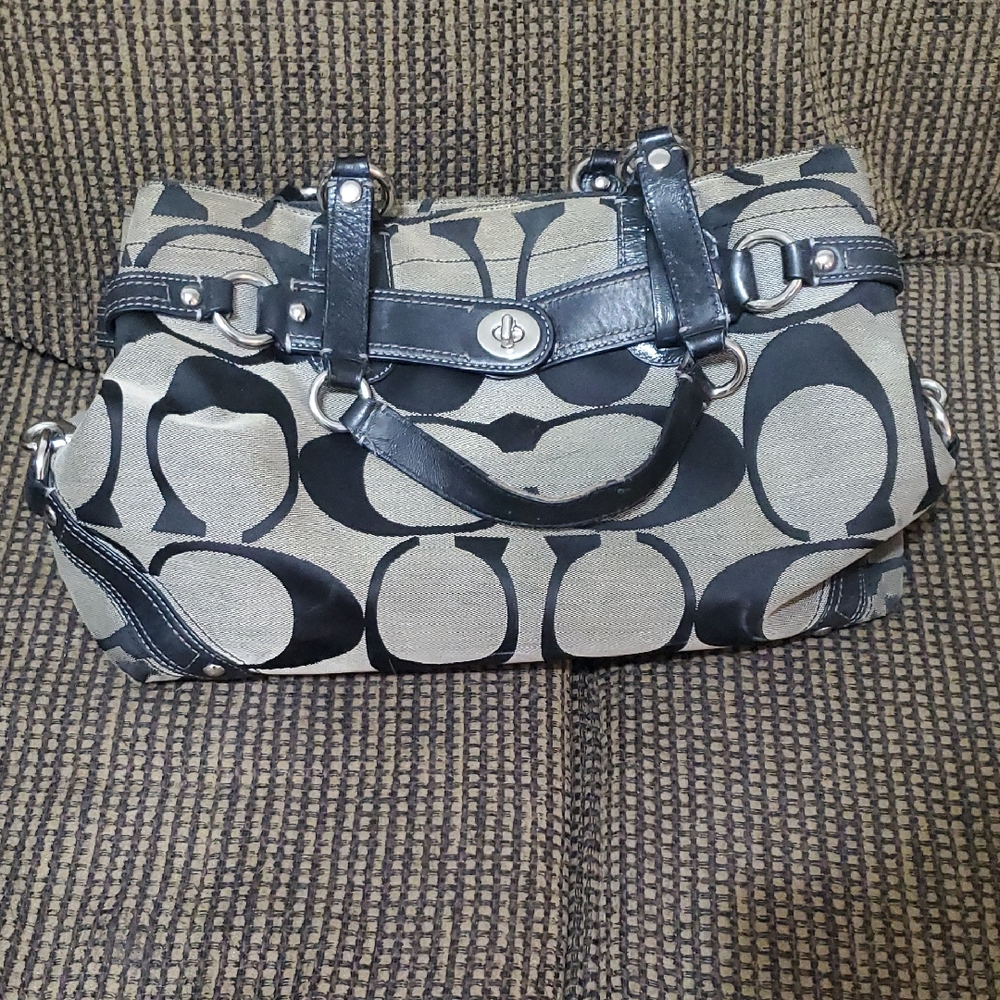 Coach Black and Tan Signature Shoulder Bag